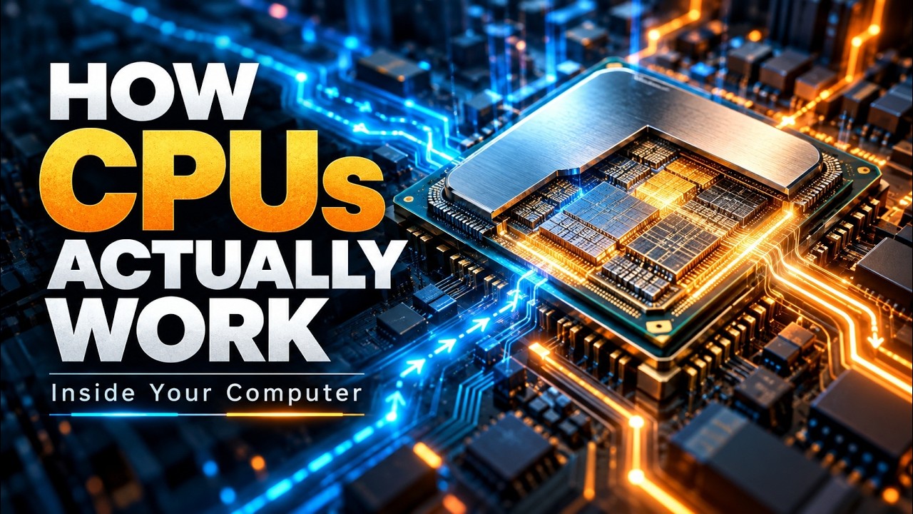 Processor surrounded by blue and orange circuit traces